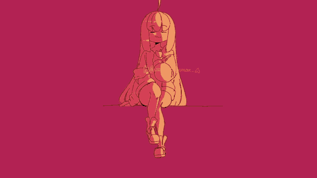 a drawing of a girl sitting on a pink background with the letters a on it