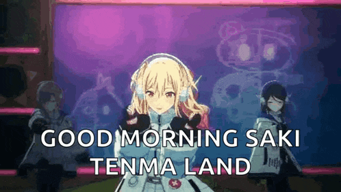 a girl wearing headphones is standing in front of a purple background and says `` good morning saki tenama land '' .