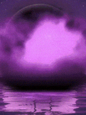 a purple moon is reflected in the water at night
