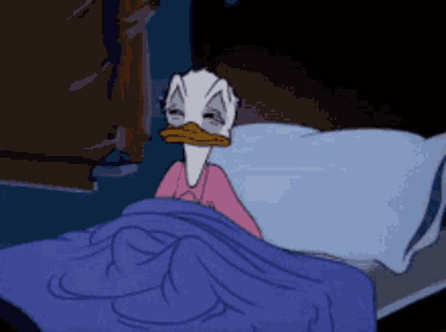 a cartoon of donald duck laying in bed with a blue blanket