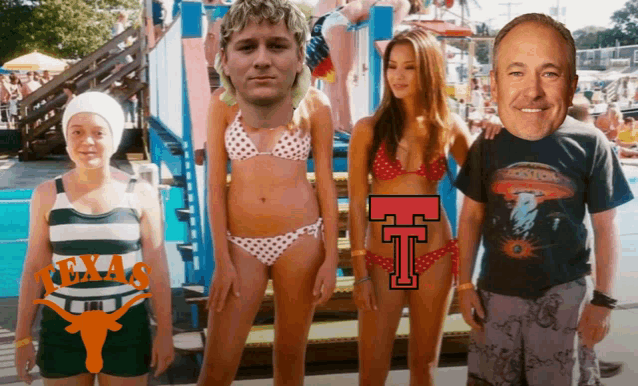 a group of people standing next to each other with a texas logo on the bottom