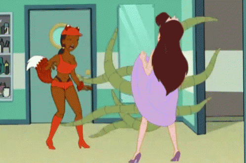a cartoon of a woman with a fox tail standing next to a woman in a purple dress