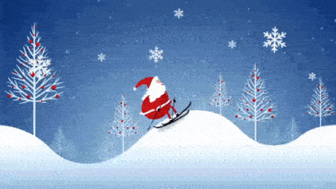 santa claus is skiing down a snowy hill with christmas trees in the background .
