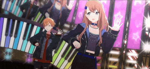 a couple of anime characters standing in front of a piano