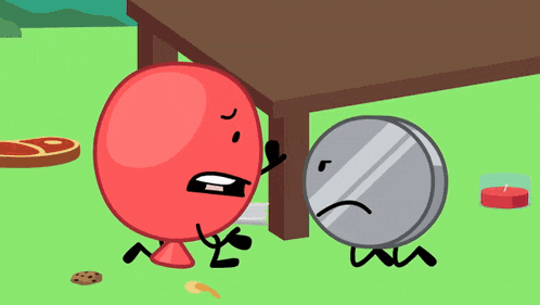 a red balloon and a silver coin are under a table in a cartoon