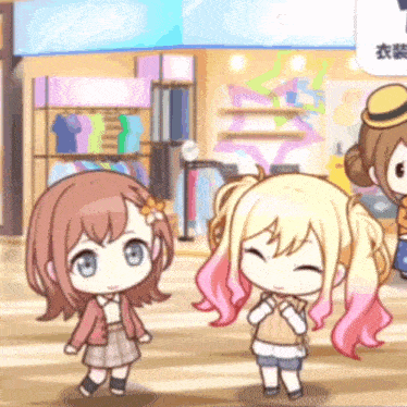 a girl with pink hair is standing next to another girl in a store