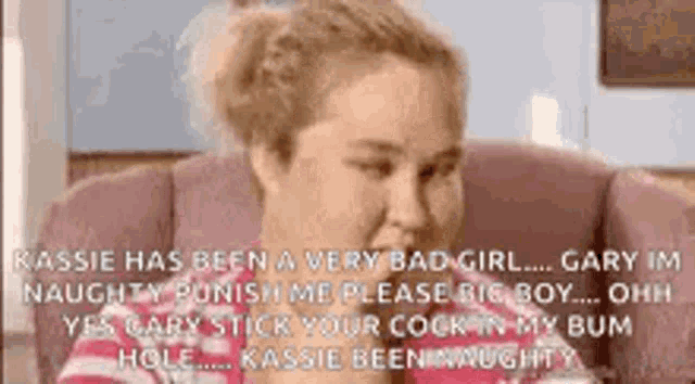 a woman is sitting in a chair with a caption that says `` kassie has been a very bad girl .