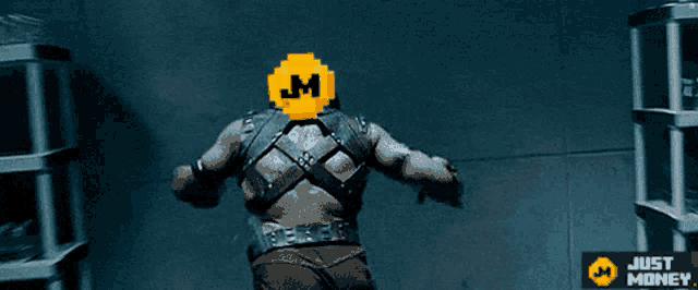 a man with a jm logo on his head stands in front of a just money sign