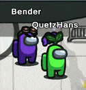 a purple among us character and a green among us character are standing next to each other in a room .