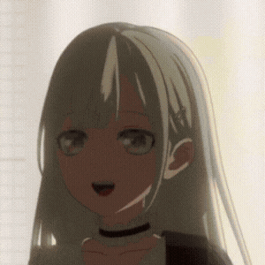 a girl with long white hair and a choker around her neck is smiling