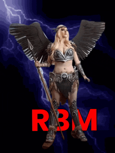 a woman with wings is holding a spear and the word rbm is in red