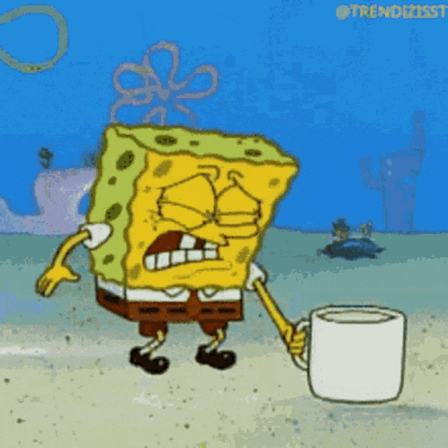 spongebob squarepants is crying while holding a cup of coffee in his hand .