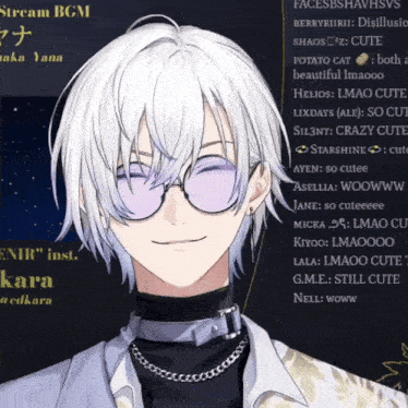 a man with white hair and purple glasses is smiling in a stream bgm video