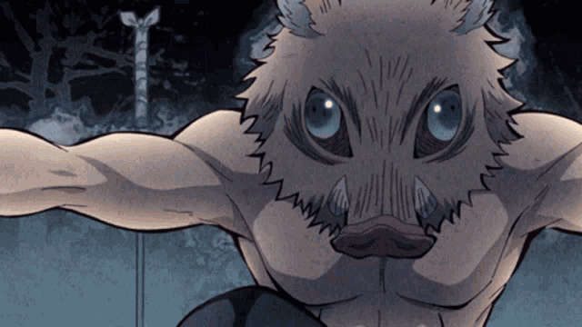 a cartoon drawing of a boar with blue eyes and a large nose