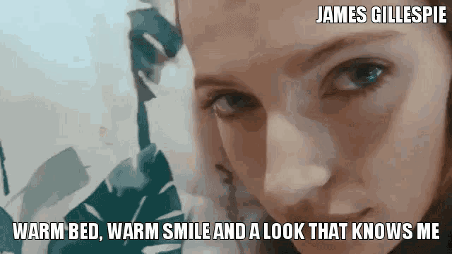a close up of a woman 's face with the words warm bed warm smile and a look that knows me