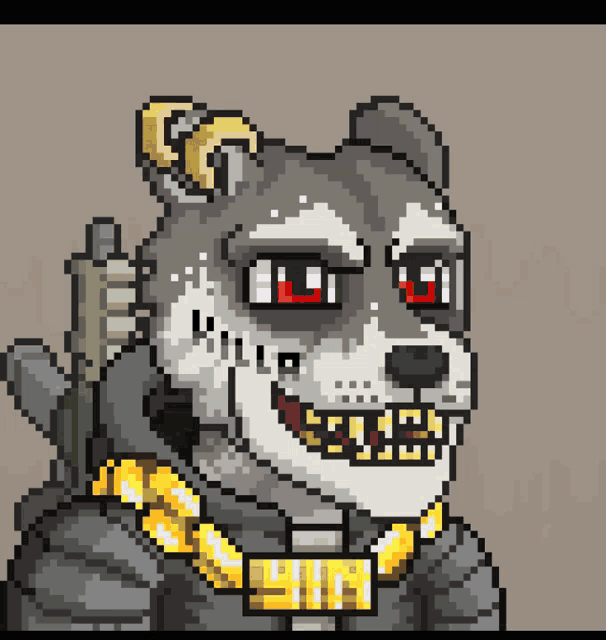 a pixel art of a husky with a gun and a gold chain