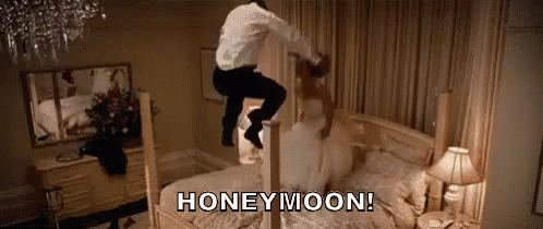 Bride & Groom Jumping On Bed Honeymoon GIF