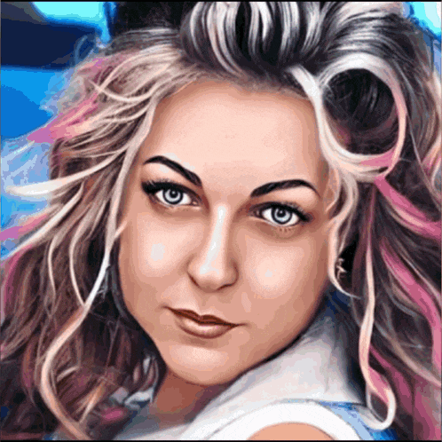 a close up of a woman 's face with a blue sky in the background