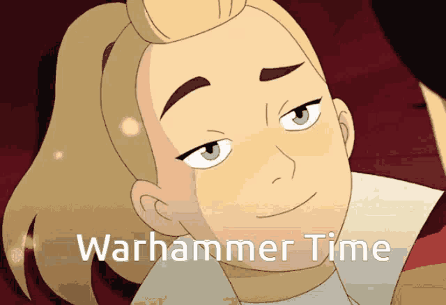 a picture of a cartoon character with the words warhammer time written below her