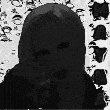 a black and white drawing of a woman with the letter m in the background