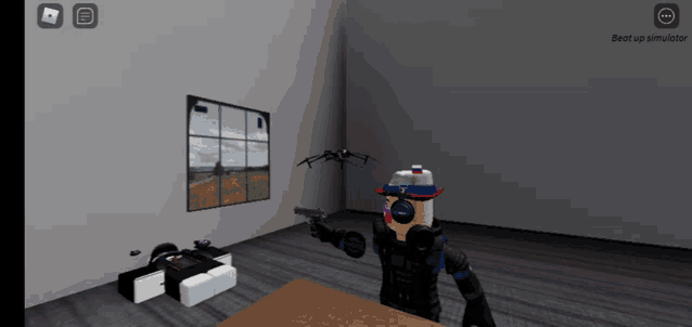 a screenshot of a video game shows a person holding a gun in a room