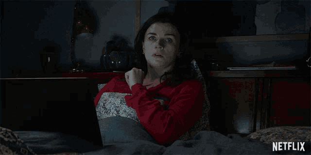a woman laying on a bed looking at a laptop with netflix written in the corner