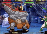 a video game screen shows a monster and a woman with a sword fighting it