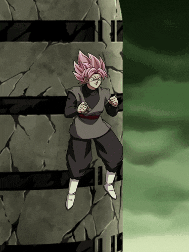 a cartoon character with pink hair is standing on a rock