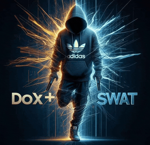 a poster for dox + swat shows a man in an adidas hoodie