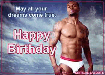 a shirtless man in white underwear is standing in front of a cloudy sky on a birthday card .