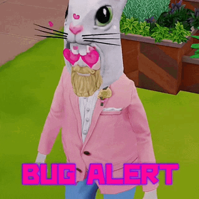 a video game character with a cat head and the words bug alert written in pink