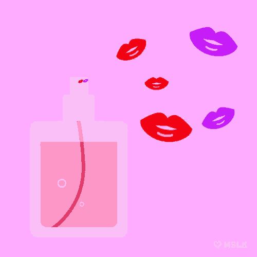 a pink bottle of perfume is surrounded by red and purple lips on a pink background