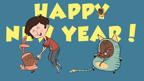 a happy new year greeting card with a boy and animals
