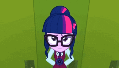 twilight sparkle from my little pony equestria girls is wearing glasses and smiling