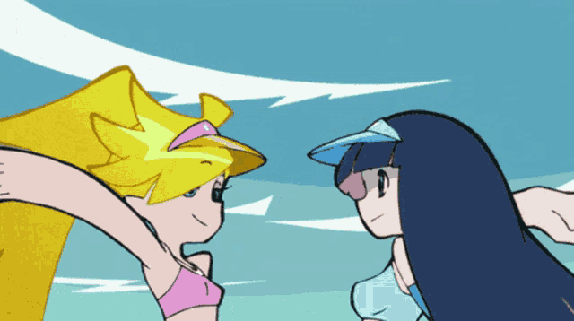 a cartoon drawing of two girls standing next to each other with their arms outstretched