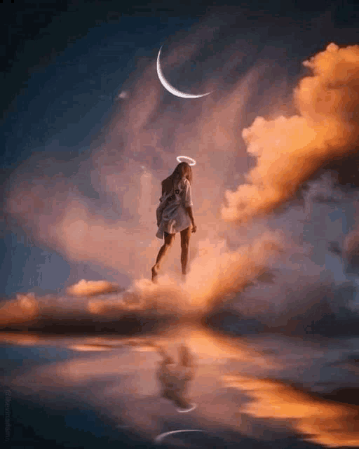 a woman is flying through the clouds with a crescent moon in the sky .