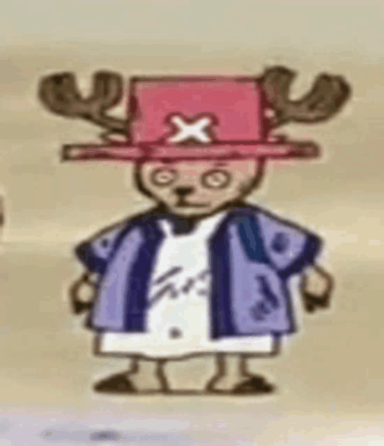 a cartoon of tony tony chopper wearing a pink hat and a blue jacket .