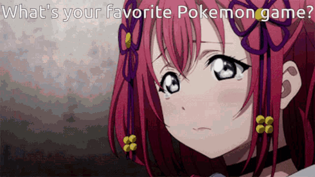 a girl with red hair is crying with the words " what 's your favorite pokemon game " below her