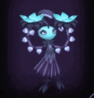 a cartoon character with blue flowers on her head