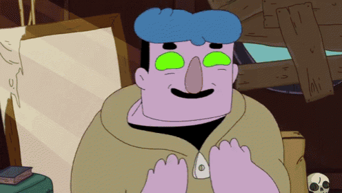 a cartoon character with green eyes and a button that says ' o ' on it