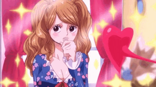 a girl in a blue dress is standing in front of a window with a heart in the background .