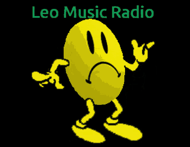 a yellow smiley face with arms and legs and the words leo music radio