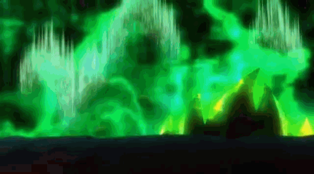 a painting of a green aurora borealis in the sky