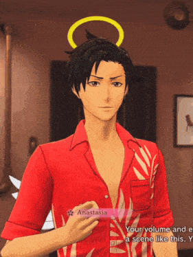 a man in a red shirt with anastasia written on his shirt