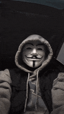 a man wearing a hooded jacket and a mask with a mustache