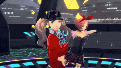 a girl in a red shirt that says ' ear ' on it stands next to another girl