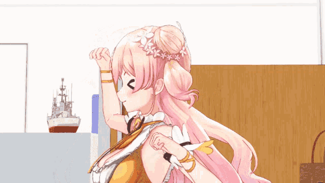 a cartoon girl with pink hair is holding a blue phone