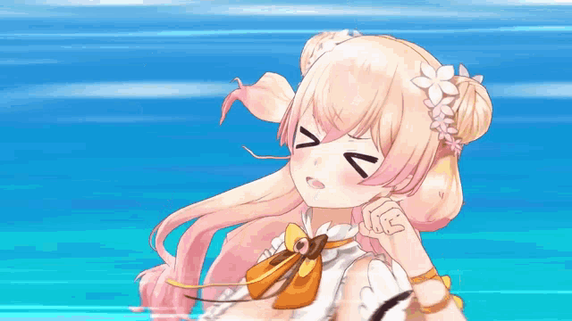a girl with pink hair and a flower in her hair is making a funny face