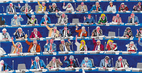 a row of people sitting in a row with numbers on their faces