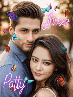 a picture of a man and a woman with butterflies and patty written on the bottom